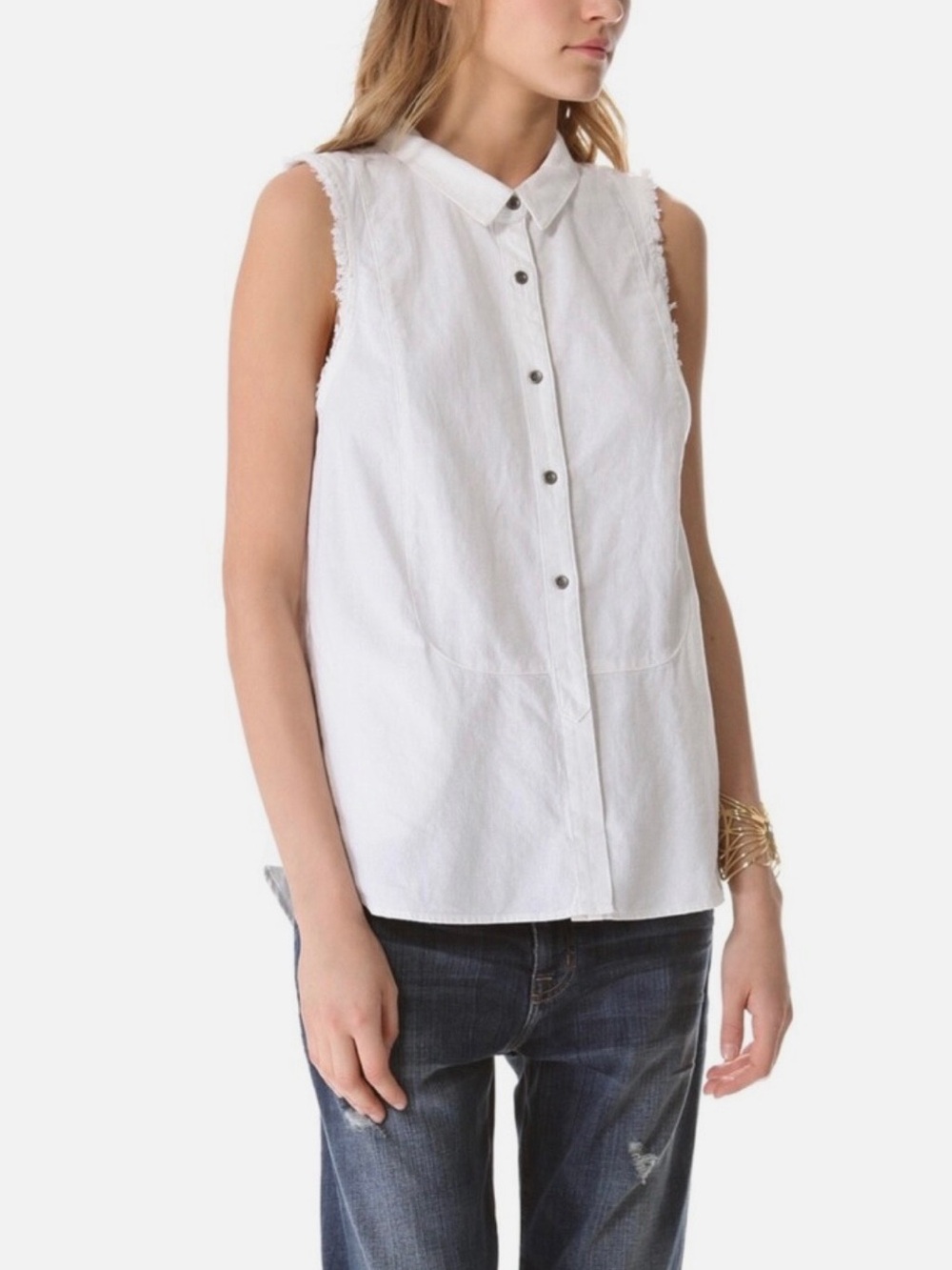Free People White Sleeveless Button-Down Collared Top